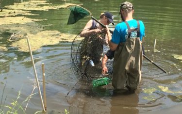 Two students stand in river collecting samples with nets